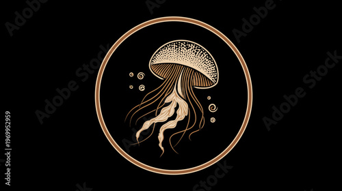 A jellyfish illustration in a circular frame, with soft colors and elegant lines on a black background