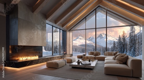 ultra-realistic wide-angle interior photography of an ultra-luxury modern mountain living room at golden hour, full panoramic view of the entire space
