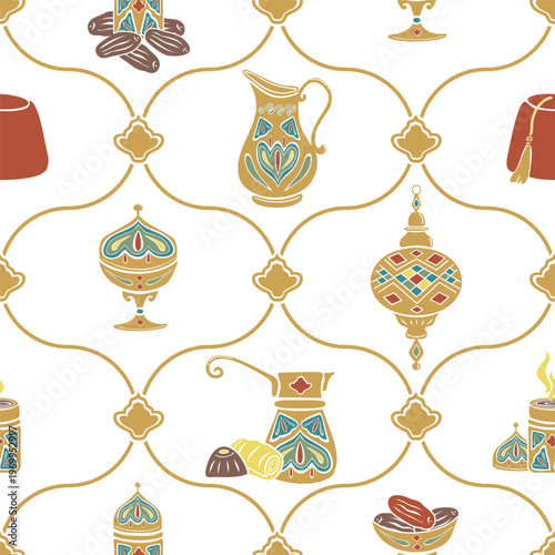 Turkish traditional dessert and coffee dishes Hand drawn vector seamless pattern flat. For cookbooks designs, oriental coffee houses and dishware tableware textile fabric, holidays, postcards banners.