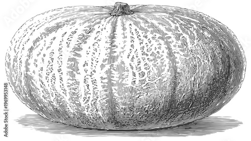Vintage engraved illustration of a melon. Shows a whole cantaloupe with stem, shading