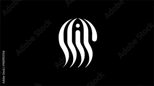 A stylized white emblem on black background. Features an "i" shape, enclosed with curved white lines