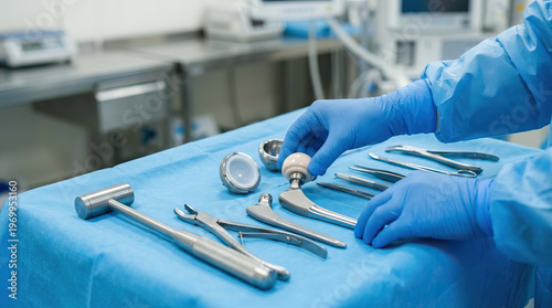 Focused professional surgeon wearing blue glove carefully prepares metal artificial implant for joint replacement surgery with orthopedic medical hospital instrument