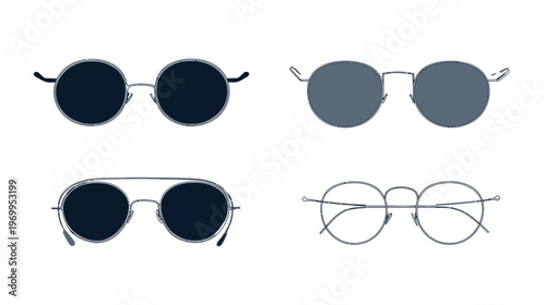 Four stylish sunglasses designs circle frames, different colors, various styles, and elegant shapes