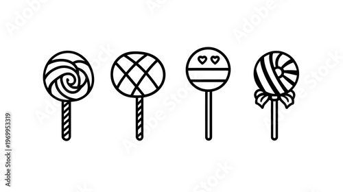 A collection of four black and white lollipop illustrations on a white background