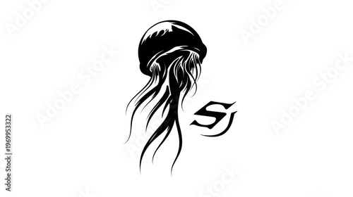 A black and white illustration of a jellyfish with flowing tentacles, and a stylized symbol