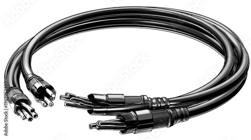 Monochrome illustration of connected cables with multiple metal connectors, rendered on a white backdrop