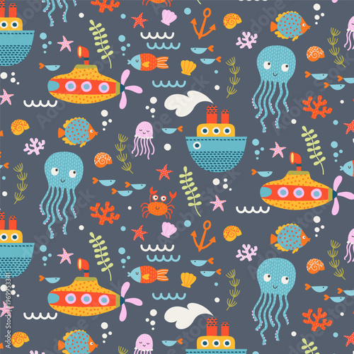 Seamless Sea World Pattern on Deep Navy Background. Cute Nautical Adventure Print with Submarine, Boat and Marine Life Animals for Kids Nursery Fabric and Wallpaper