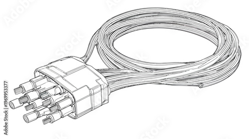 A technical illustration of a connector plug with multiple wires attached in a bundled coil
