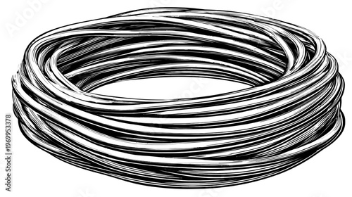 Black and white illustration of a coiled wire or cable, resembling a circular structure