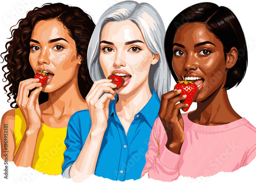 Isolated a realistic kinds of deferent woman eating strawberries vector art with white background.