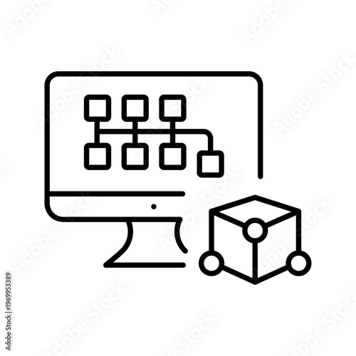3d modeling icon. Technology and 3d modeling line symbol. Black and white.