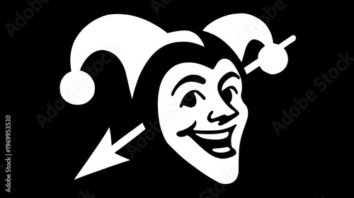 A smiling jester's face with a cap and arrow, in white against a black background