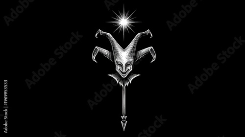 A monochrome illustration of a smiling jester with a star above, and a dagger extending below