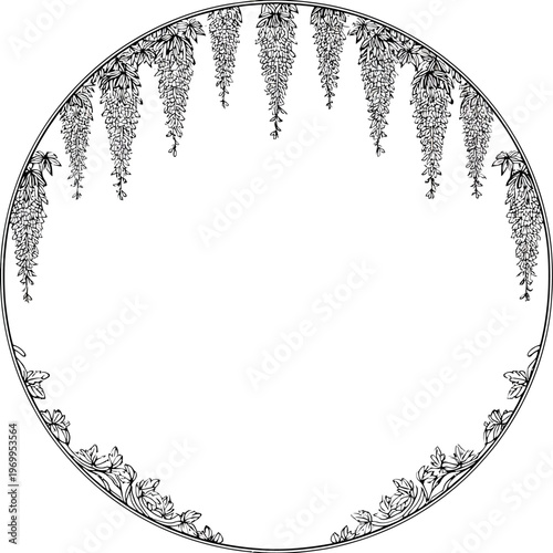 A circular illustration, framed by floral border and hanging blooms, perfect for design usage