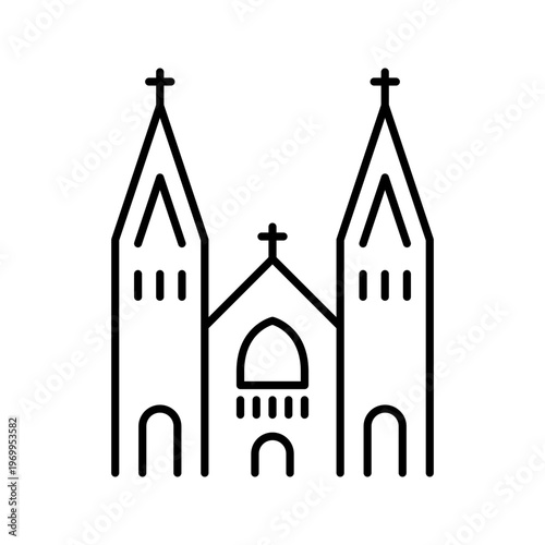 Church building icon. Religion and religious building line symbol. Black and white.