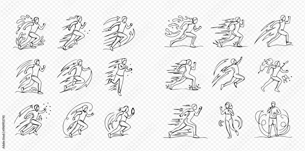 Fototapeta premium Set of running people in motion, dynamic fast movement, linear style illustrations.