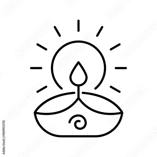 Diya lamp icon. Culture and festival line symbol. Black and white.