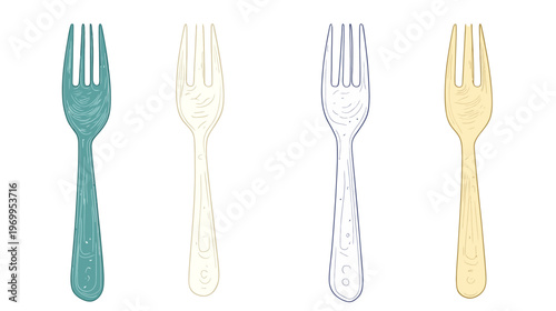 A collection of four artistic forks in various colors and styles, set against a plain white background