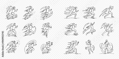 Set of running people in motion, dynamic fast movement, linear style illustrations.