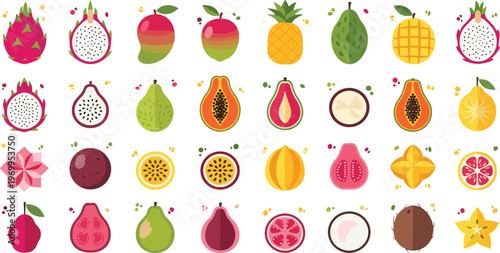 Tropical Fruit Icon Set with Dragon Fruit, Mango, Papaya, Coconut, Passion Fruit, Starfruit, and Exotic Fresh Food Vector Illustration Collection.