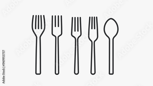 A minimalist illustration of cutlery, including forks and a spoon, against a plain white background