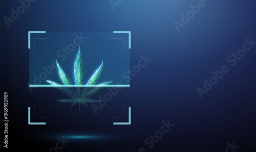 3d cannabis leaf inside digital scanning frame. Cannabis analysis, plant identification, quality control, laboratory testing, chemical composition detection concept.