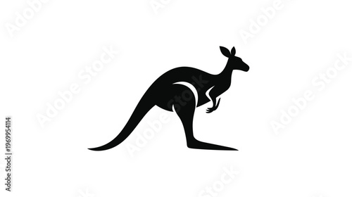 A side profile silhouette of a kangaroo in black against a stark white backdrop