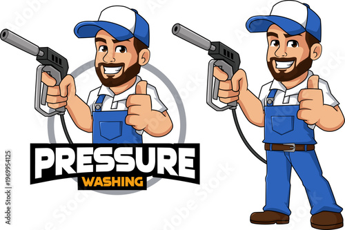 Cartoon Pressure Washer Worker Mascot Giving Thumbs Up