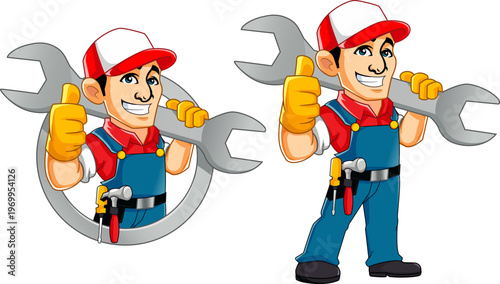Friendly Handyman Mechanic Character Holding Large Wrench and Giving Thumbs Up