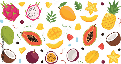Exotic Tropical Fruits Vector Set with Papaya, Dragon Fruit, Mango, Coconut, Starfruit, Pineapple, and Fresh Healthy Food Illustration Collection.
