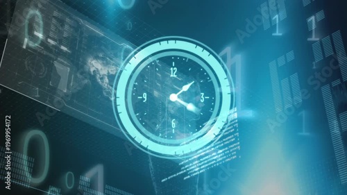 Animation of clock moving fast and data processing with binary coding over screen