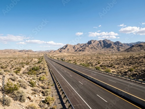 A long, straight highway disappearing into the distance under a vast, cloud-streaked blue sky, flanked by a barren desert landscape.