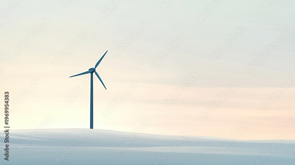 Obraz premium Single wind turbine over pastel dawn. Cool blue and soft pink sky frame lone turbine on smooth terrain, offering serene mood and generous negative space for messaging. Ideal for sustainability