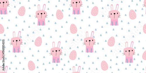 Beautiful seamless pattern with pink rabbit and Easter eggs. Egg hunt, religious holiday of Easter. Cartoon vector design. For textiles, packaging, backgrounds or websites.