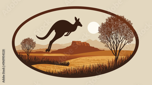 A jumping marsupial silhouette amidst a sunset landscape in an oval frame