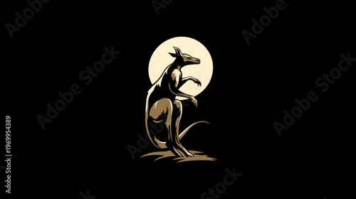 A silhouette of a kangaroo in sepia tones, posed in front of a circular, bright background