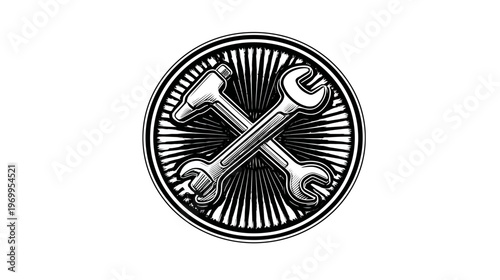 A monochrome illustration features crossed tools inside a circular emblem with a radial burst design