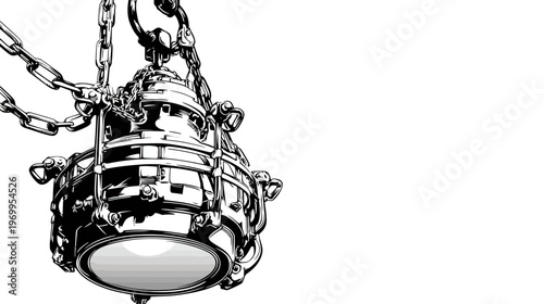 A grayscale illustration of a hanging metallic object with chains. It appears industrial with detail