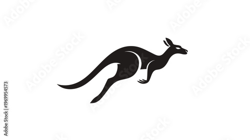A leaping kangaroo silhouetted in black against a white background. It's in mid-air, tail extended