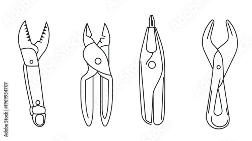 Four black and white illustrations of tools. Pliers, nippers and a combination tool are shown