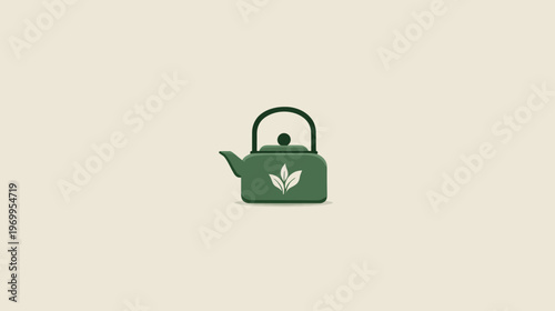 A flat-design illustration of a green teapot with white leaves on a light tan backdrop