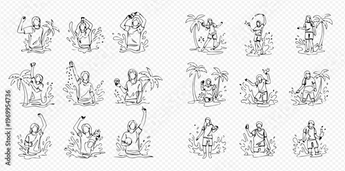 Set of people enjoying summer vacation activities in water, hand drawn illustrations.