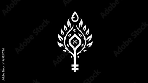 A white abstract key-like design on a black background, with leaves, water drop, and stylized elements