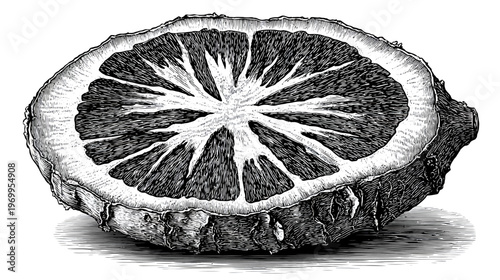 Intricate, black and white illustration of a cut citrus fruit, revealing textured interior