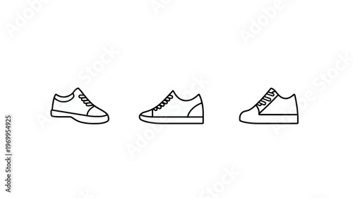 Minimalist line art illustration featuring three different sneakers. Monochrome footwear icons on white