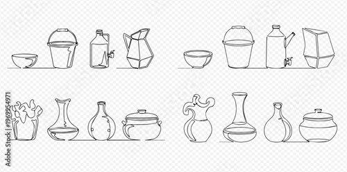 Set of hand-drawn kitchenware and pottery line art illustrations, including bowls, buckets, bottles, pitchers, vases, and pots, on a white background.