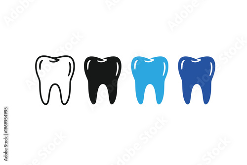 Three stylized teeth icons in black, light blue, and dark blue colors, representing dental care, oral hygiene, and dentistry concepts.