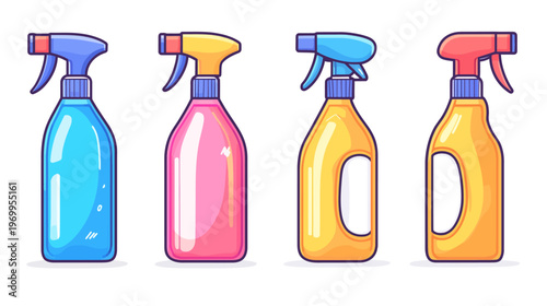 A set of colorful, cartoon-styled spray bottles in various hues, with labels