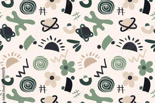 Science and space themed seamless pattern vector illustration with planets and equations