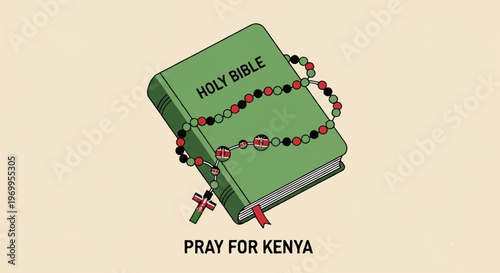 Green covered Holy Bible with Kenyan flag theme and wooden rosary beads resting on cover as symbol of prayer for nation in digital illustration